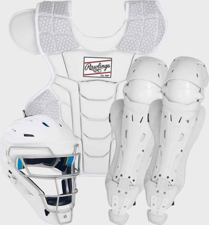 Picture of a helmet, chest protector, and leg guards of a white Mach Catcher's Gear Set