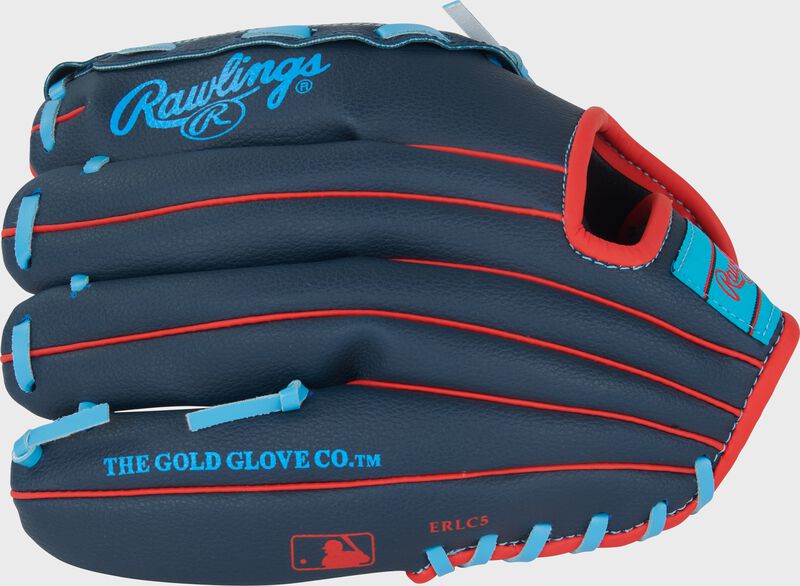 Navy back of a Rawlings Flex Palm Series 11-Inch Youth Baseball Glove with the MLB logo on the pinky