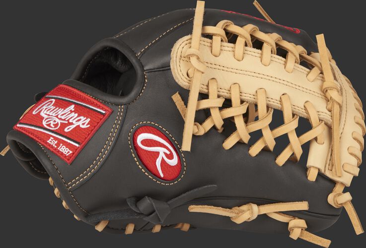Thumb view of a dark shadow GXLE204-4DSC Gamer XLE 11.5-inch infield/pitcher's glove with a camel Modified Trap-Eze web