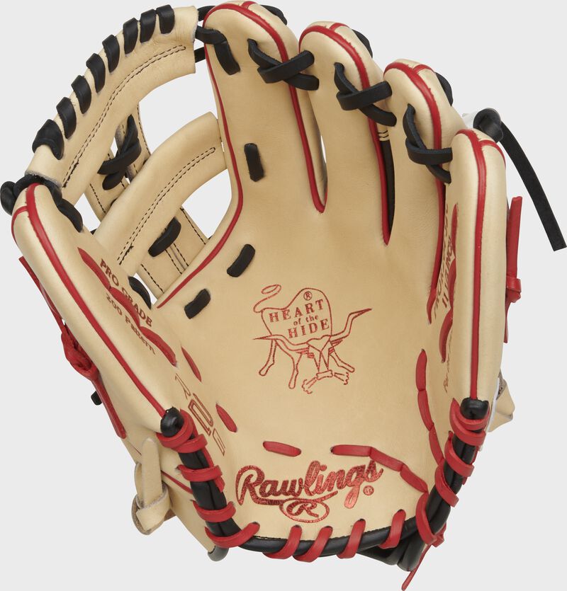 Camel palm of a Rawlings Heart of the Hide R2G infield glove with black laces and scarlet stamping - SKU: PROR204-32C