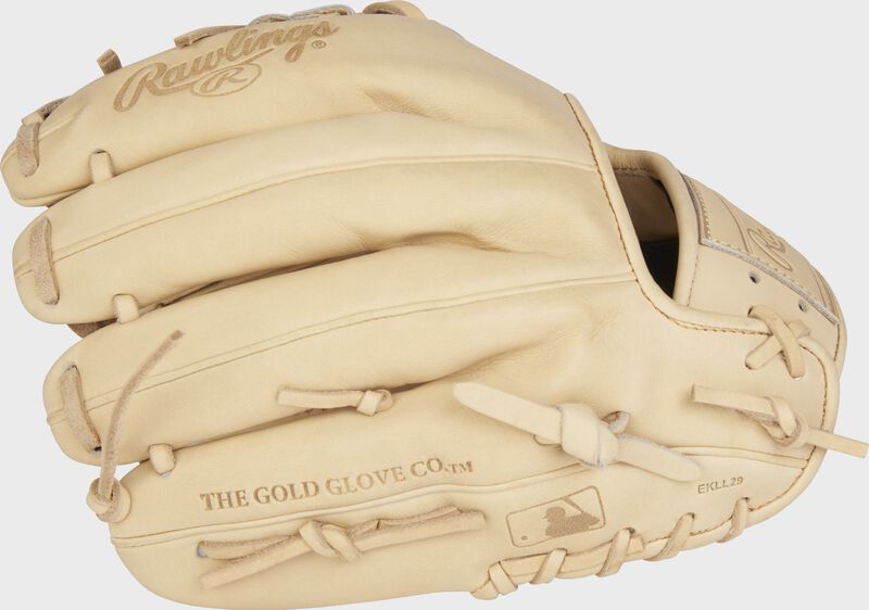 Back of a Camel Heart of the Hide elements series glove with the MLB logo on the pinky - SKU: PRO204-2C