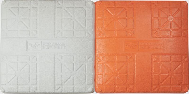 Top of a white/orange Rawlings Hollywood Impact Kwik-Release double first base - SKU: HIKRDB