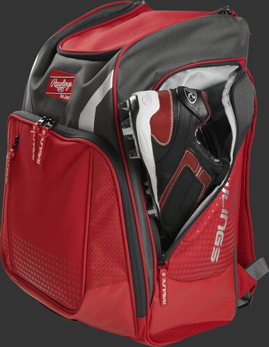 A cleat in the side cleat pocket of a scarlet Legion baseball backpack - SKU: LEGION-S
