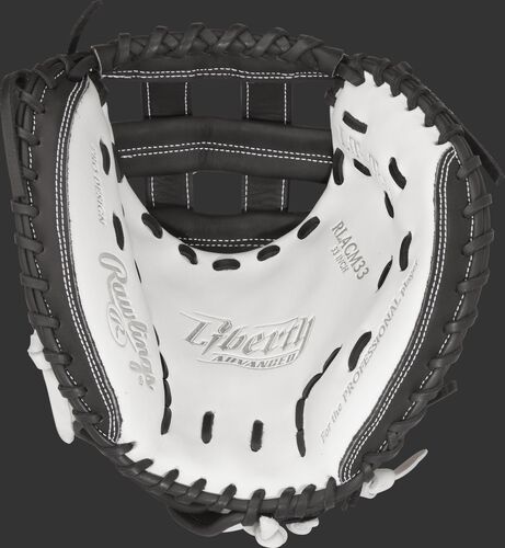 Thumb view of a RLACM33 Rawlings 33-inch softball catcher's mitt with a white palm and black laces