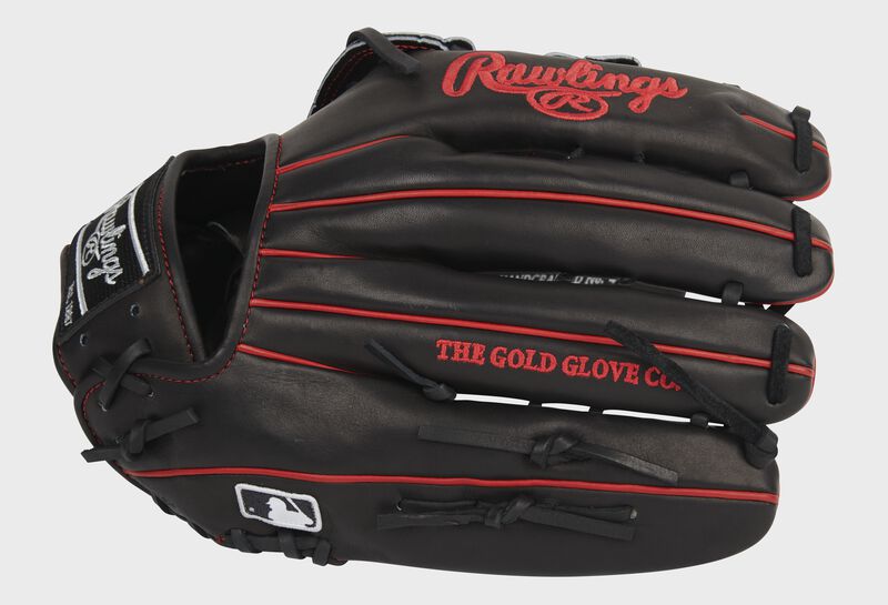 Black back of a Rawlings Pro Preferred outfield glove with the MLB logo on the pinkie - SKU: PROS3029-6B