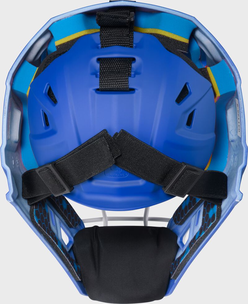 Back of a royal Rawlings Mach Pro Series catcher's helmet loading=