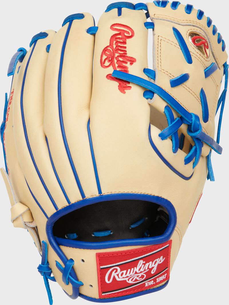 Back of a camel Heart of the Hide Gameday 57 1-piece solid web glove with a red Rawlings patch - SKU: RSGPRO2174-8JP