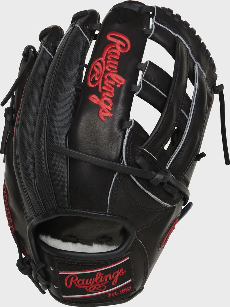 Black Speed Shell back of a 12.75" Pro Preferred H-web outfield glove with a black Rawlings patch - SKU: PROS3039-6BSS