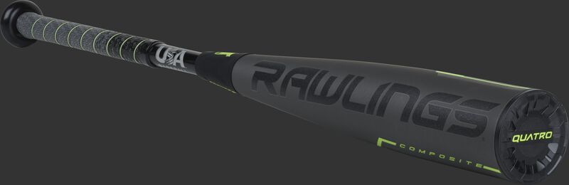 3/4 angle view of a US9Q10 Rawlings USA Quatro Pro bat with a grey/black barrel and grey/black grip