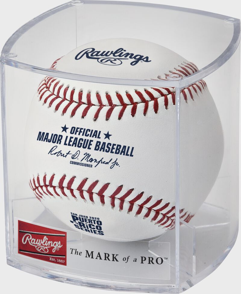 A 2020 Puerto Rico Series MLB baseball in a clear display cube - SKU: ROMLBPRS20