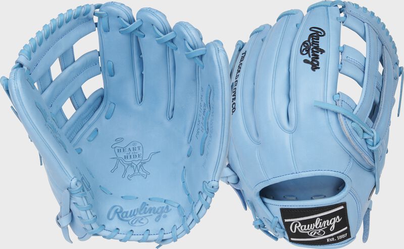 Back & palm view of a Columbia blue Rawlings Heart of the Hide R2G 12.75" H-web outfield glove - SKU: PROR3319-6CB