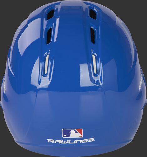 Back of a gloss royal R1601 Velo batting helmet with the Official MLB logo sticker