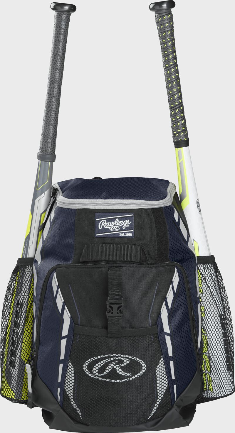Front view of a Navy Rawlings Youth Players Team Backpack with two bats | SKU:R400-N