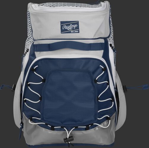 Front of a white/navy R800 Rawlings softball backpack with a navy patch and beaver tail external pocket