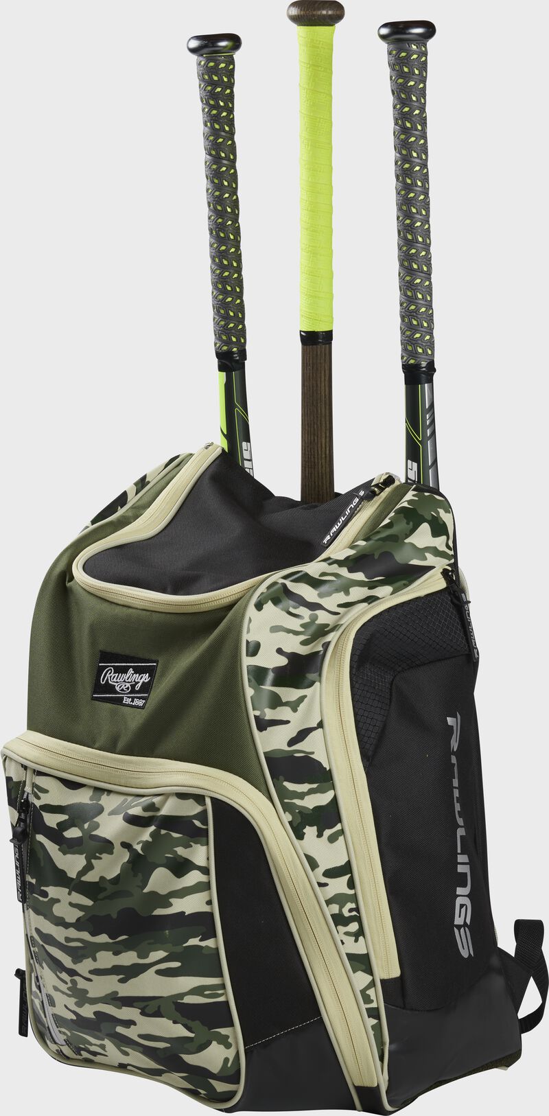 Angle view of a camo Legion baseball bat backpack with 3 bats in the back - SKU: LEGION-CAMO
