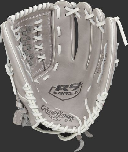 Gray palm of a Rawlings 2021 R9 Series softball glove with a gray web and white laces - SKU: R9SB125-18G