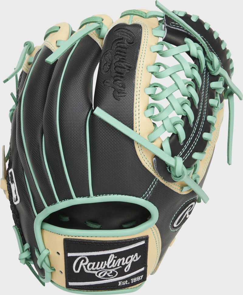 Shell back view of black, camel, and teal 2021 Exclusive HOH R2G 11.5-inch infield/pitcher's glove loading=