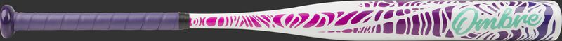 Barrel of a white FPZO11 Rawlings 2020 Ombre fastpitch softball bat with purple and pink accents