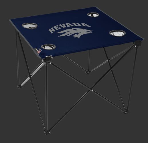 A navy NCAA Nevada Wolf Pack deluxe tailgate table with four cup holders and team logo printed in the middle SKU #00713155111