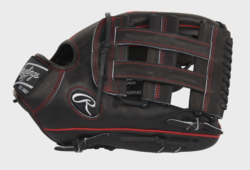 Black thumb of an exclusive Pro Preferred 12.75-Inch outfield glove with a black H-web - SKU: PROS3029-6B