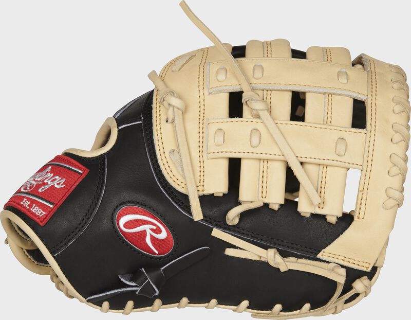Web back view of camel and black Heart of the Hide R2G Series 12.5-in 1st Base Mitt loading=
