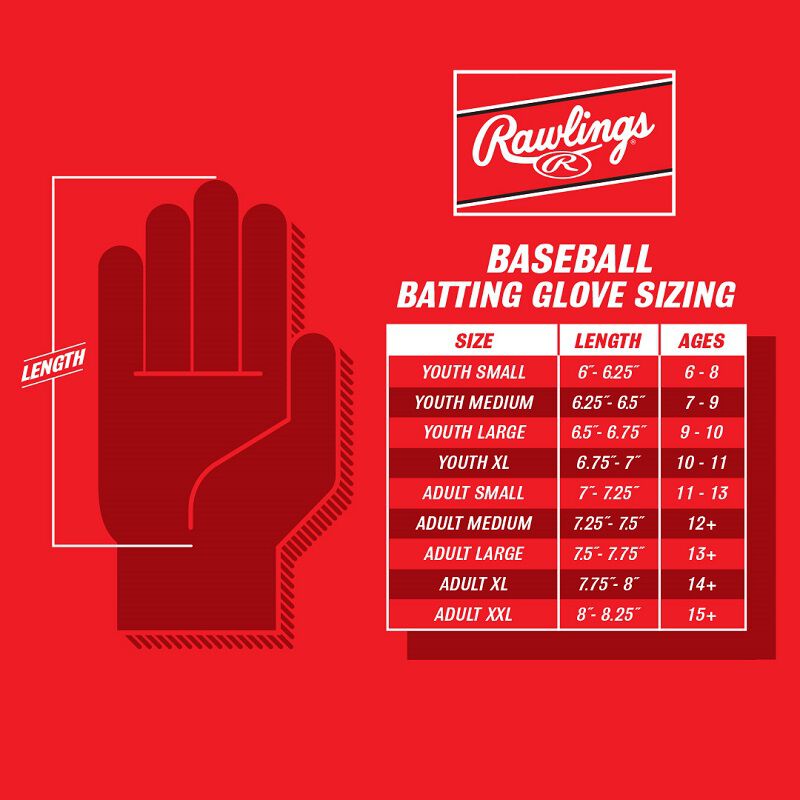 A sizing chart showing the sizing specifications for Rawlings baseball batting glove sizes