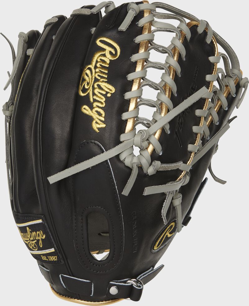 Shell back view of black, gold, and gray 2021 Pro Preferred 12.75-inch outfield glove | Mike Trout Pattern