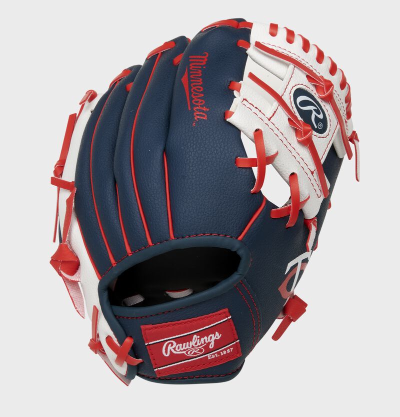 Back of a navy, white & red Minnesota Twins 10-Inch I-web glove with a red Rawlings patch - SKU: 22000028111 loading=