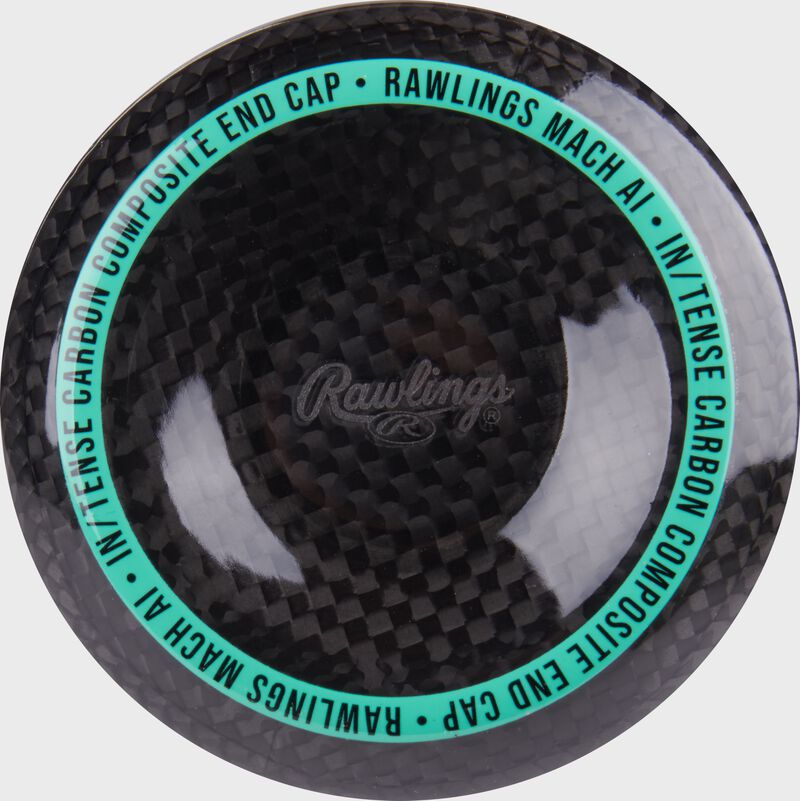 Black/mint composite end cap of a Rawlings Mach AI -8 USSSA bat