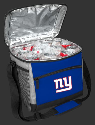 An open New York Giants 24 can cooler filled with ice and drinks - SKU: 10211078111