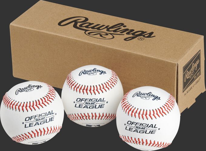 3 Rawlings Official League baseballs in front of a box - SKU: RSGROLB2PK3