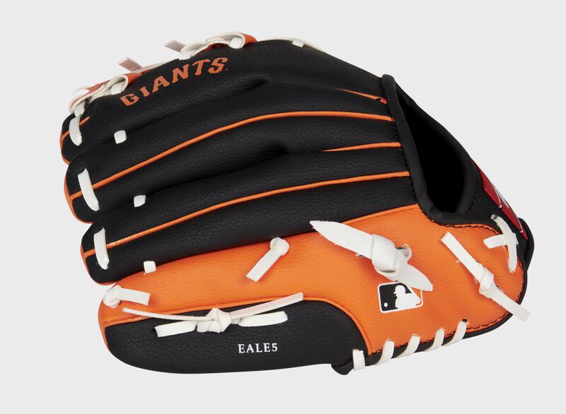 Back of a black/orange San Francisco Giants youth glove with the MLB logo on the pinky - SKU: 22000013111 loading=