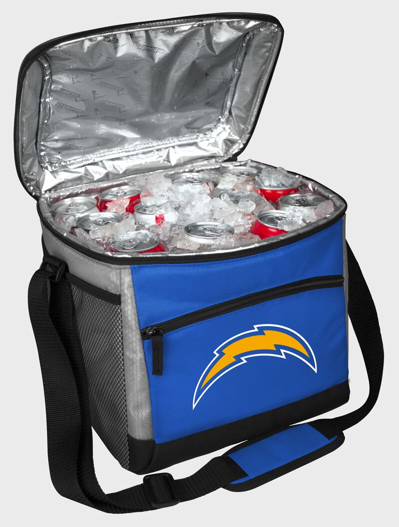 An open Los Angeles Chargers 24 can cooler with ice and drinks