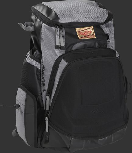 Front right of a black/gray R1000 Rawlings Gold Glove equipment backpack