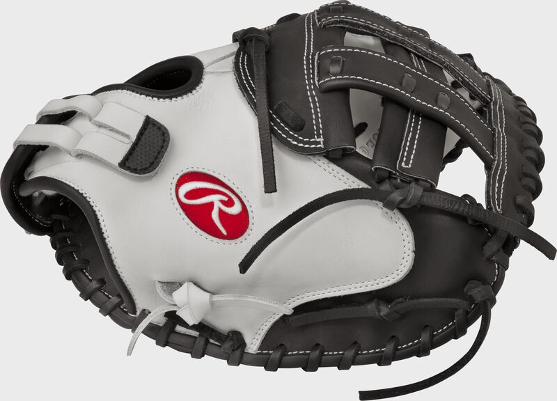 RLACM33 Liberty Advanced 33-inch softball catcher's mitt with a white thumb, black trim and black Modified H web