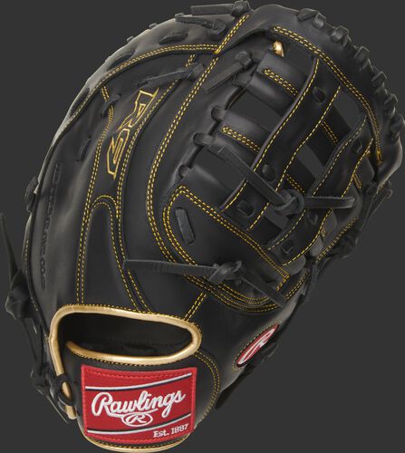 Back of a black R9 series H-web first base mitt with gold binding and red Rawlings patch - SKU: R9FM18BG