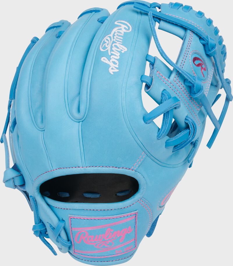 Back of a Heart of the Hide 11.5-Inch Columbia Blue Infield Glove with a Columbia blue leather Rawlings patch