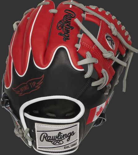 Back of a PRO204W-2CA 11.5-Inch Canadian Heart of the Hide glove with scarlet fingers and black wing-tip back