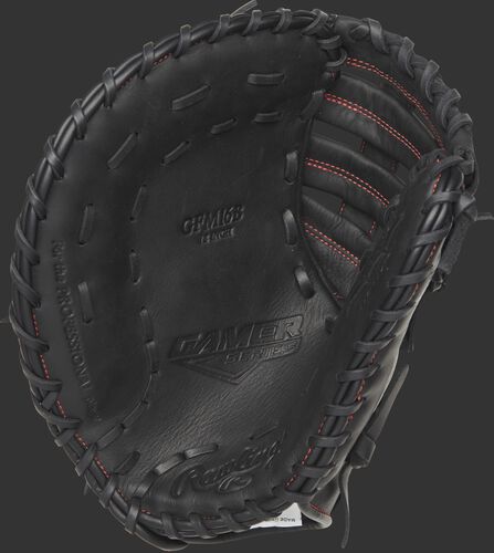 A blemished Gamer 12-inch first base mitt with a black palm and black laces