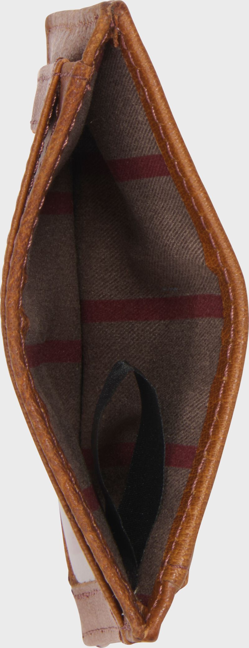 View of a tan Home Run front pocket wallet opened up