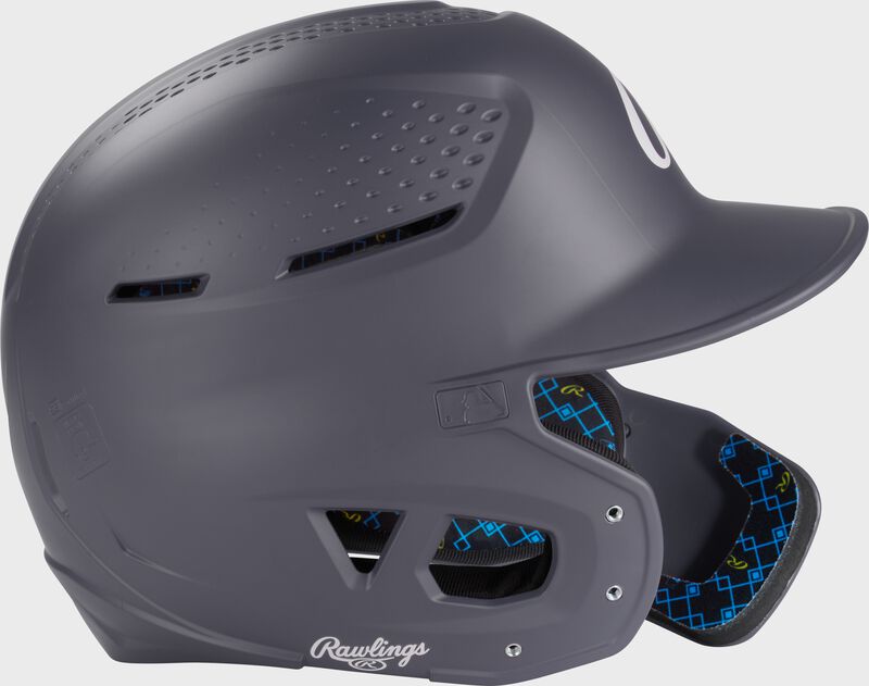 Right side of a graphite Rawlings RX2 Reverse batting helmet