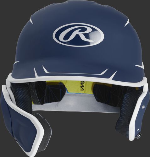 Front of a matte navy/white MACHEXTR junior size Mach batting helmet with face guard extension for left hand batters