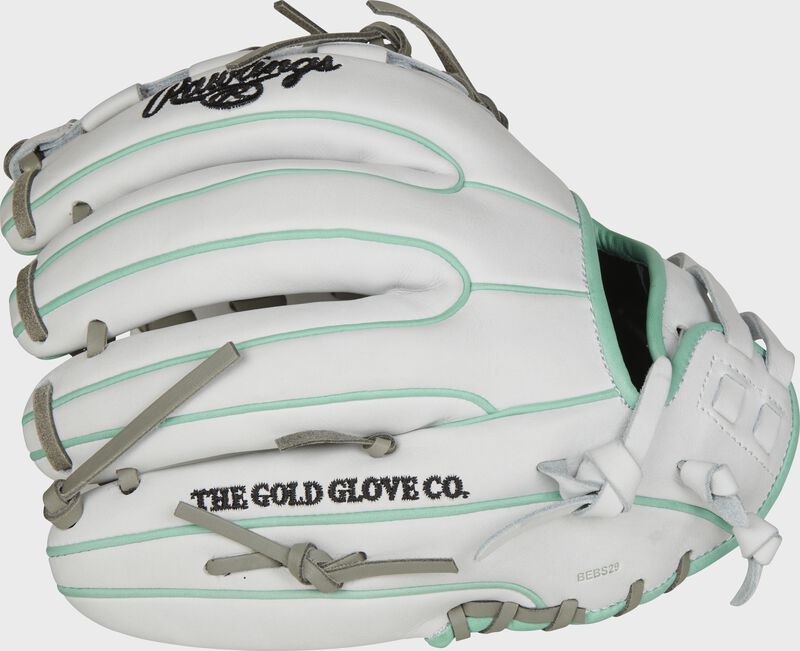White fingers of a Rawlings HOH softball glove with ocean mint binding/welting - SKU: PRO716SB-18WM