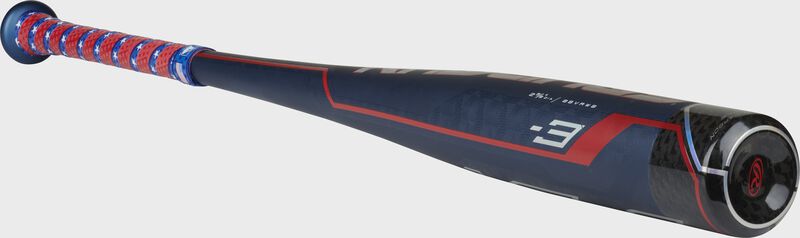Angle view of a Rawlings limited edition Velo ACP baseball bat with a blue barrel and black composite end cap – SKU: BBVRWB