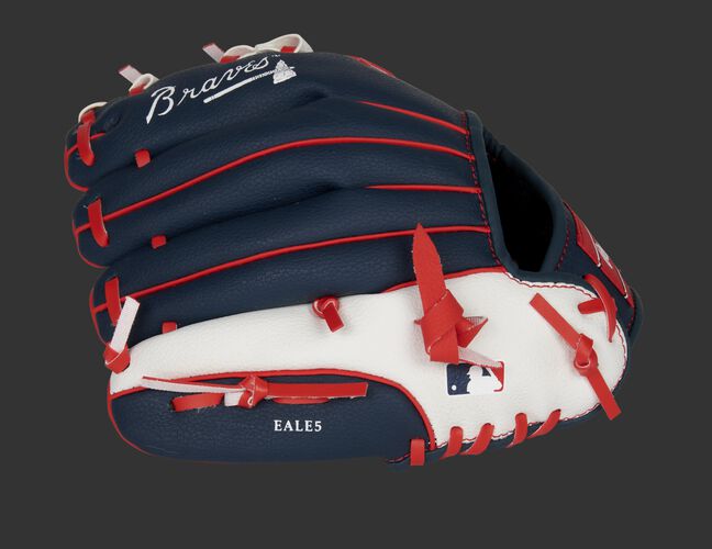 Back of a navy/white Rawlings Atlanta Braves youth glove with the MLB logo on the pinky - SKU: 22000005111