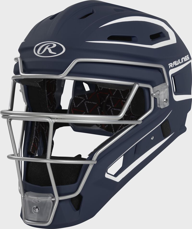 Front left of a navy Velo 2.0 catcher's helmet