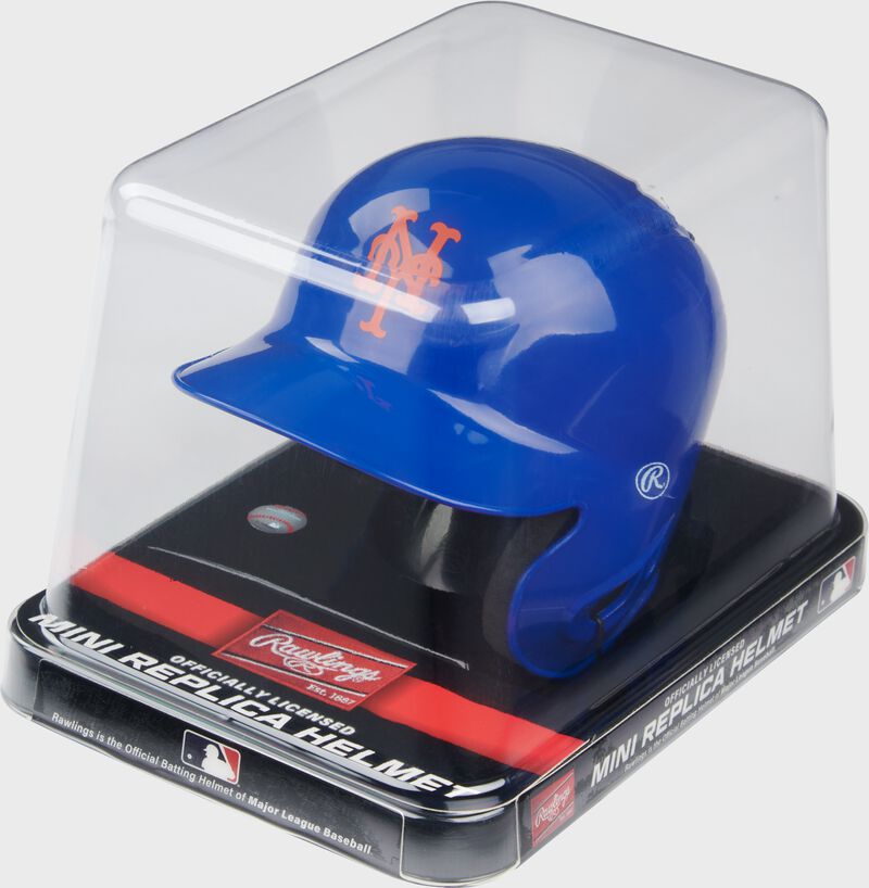 A blue Mets mini helmet in a clear packaging case