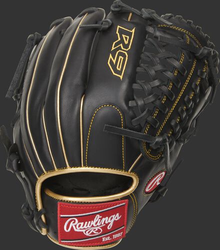 Black back of a R9 Series Modified Trap-Eze web glove with a red Rawlings patch - SKU: R9205-4BG