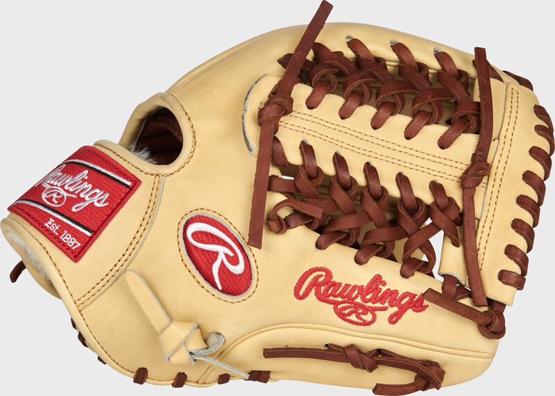 Thumb of a camel 11.75-Inch Pro Preferred Modified Trap-Eze web glove with dark tan laces - SKU: PROS15TCPRO
