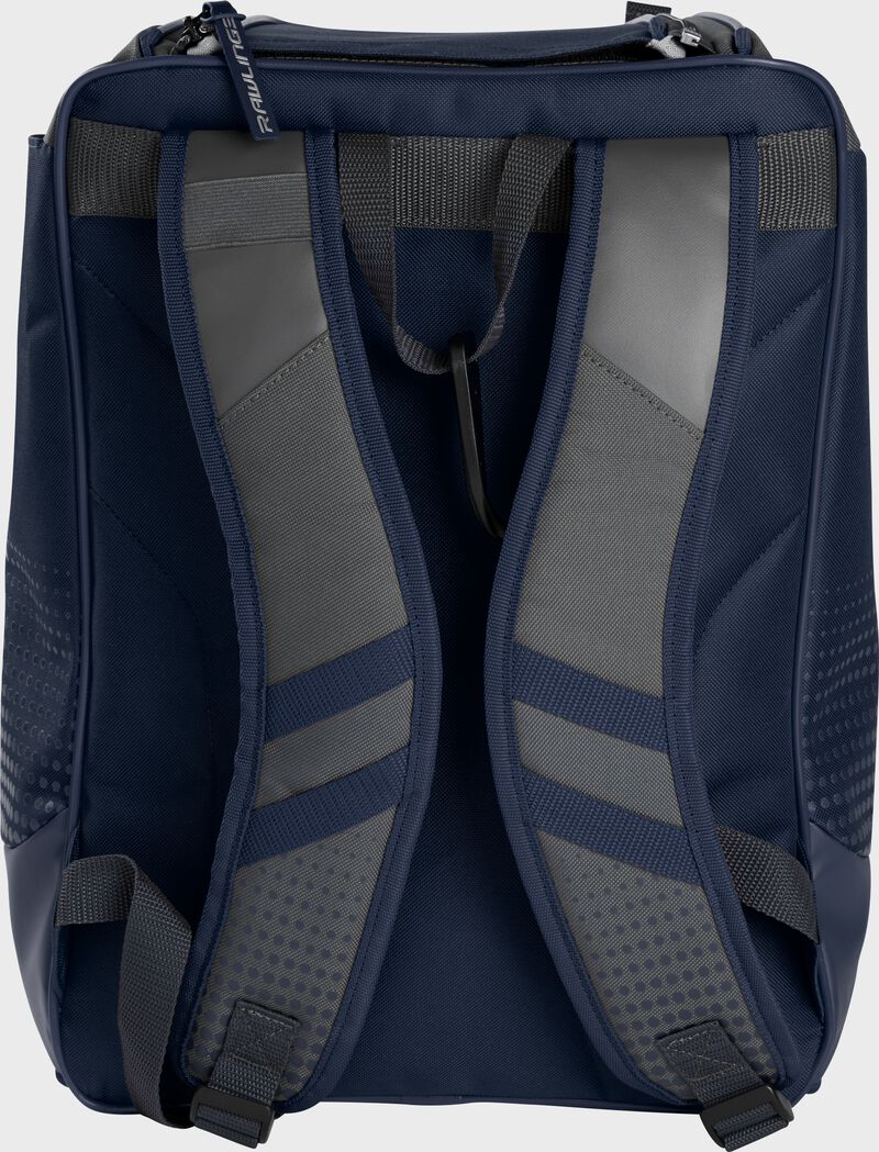 Back of a navy Rawlings Franchise backpack with gray shoulder straps - SKU: FRANBP-N